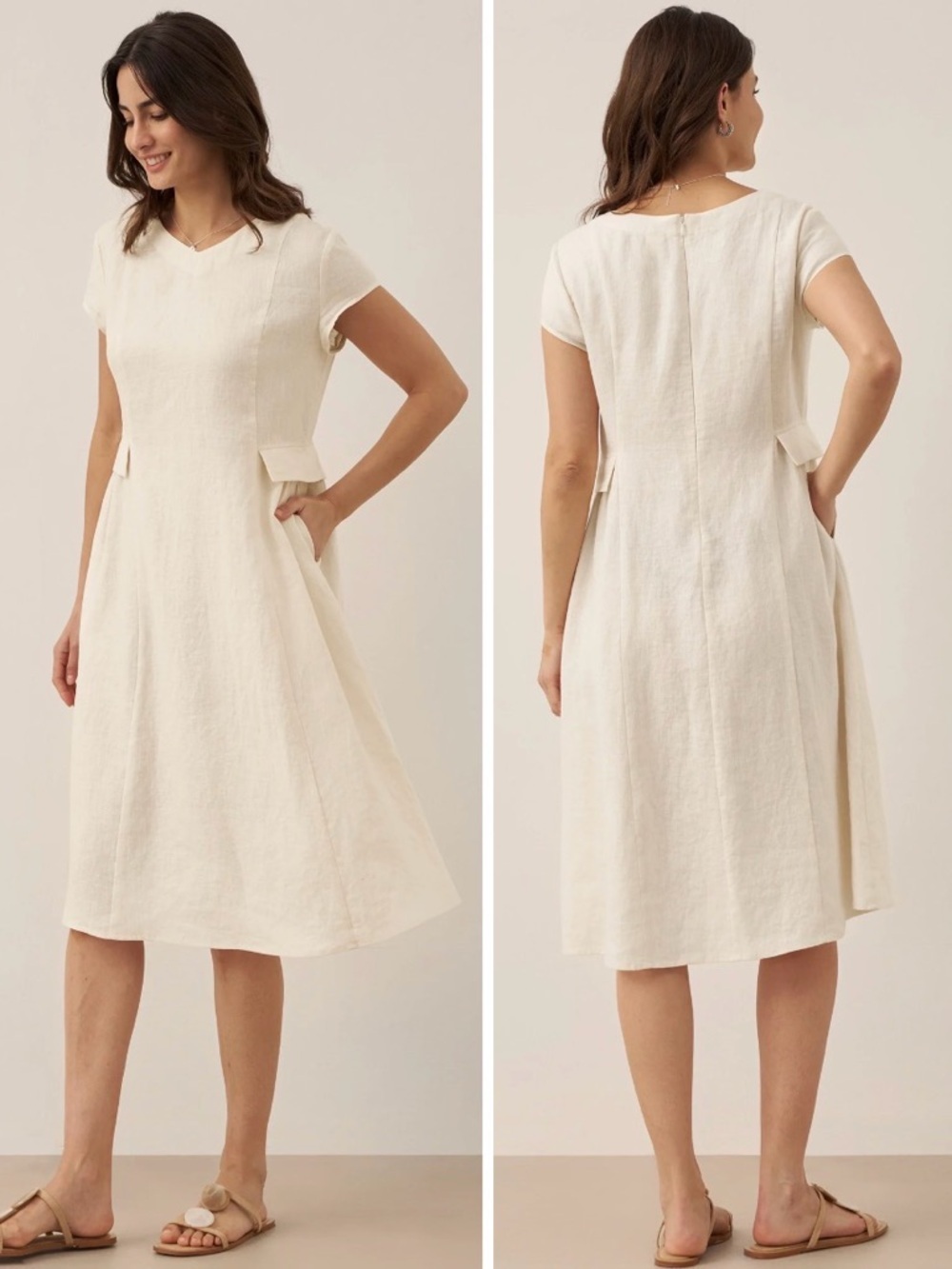 LINTICO Alexa Natural Summer V Neck Linen Dress size Small